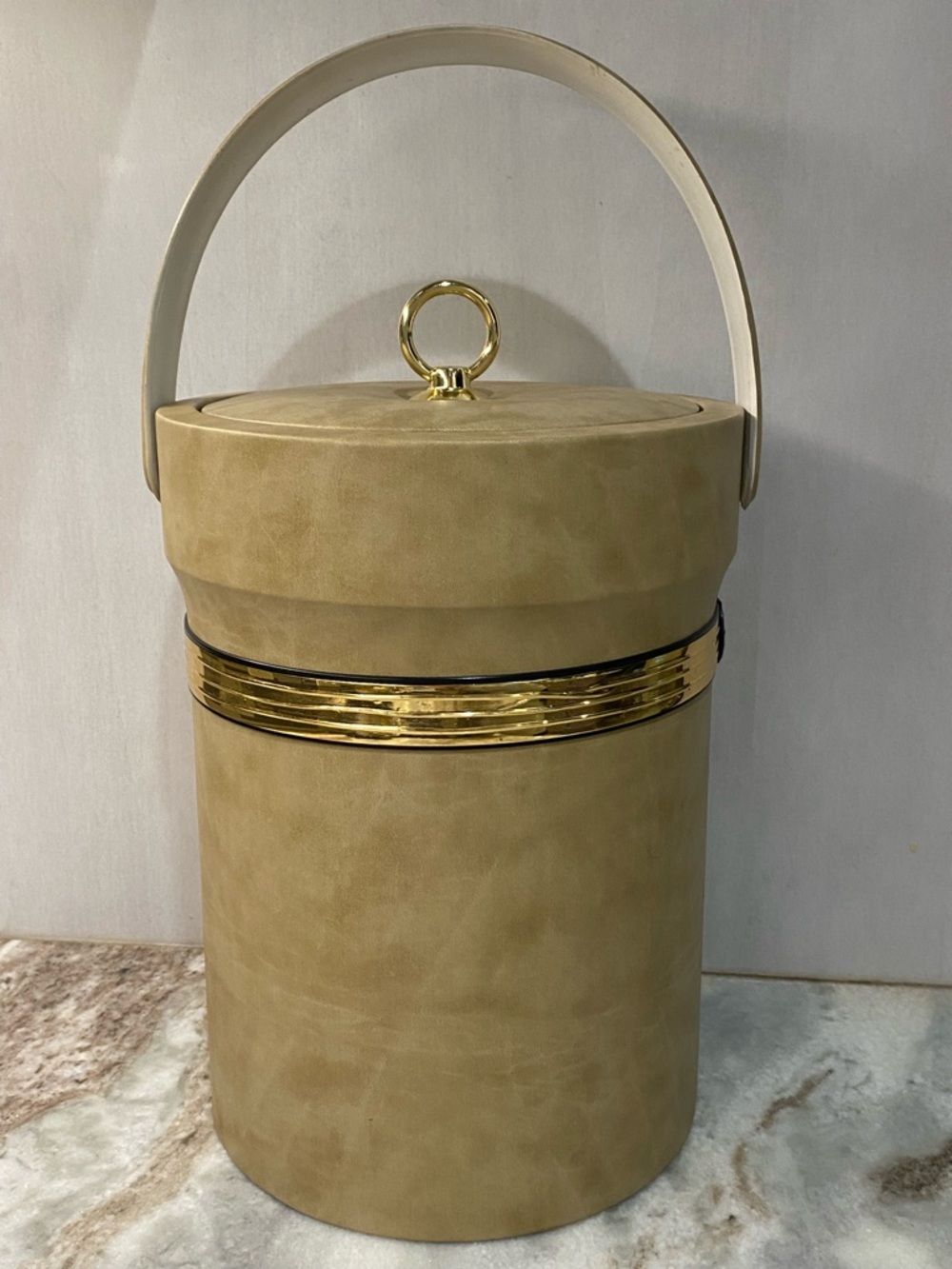 Vintage Shelton Ware MCM Faux Leather Ice Bucket Gold Trim